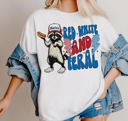 Red White And Feral  Funny Raccoon Shirt 4th Of July T-Shirt Classic 90s Retro
