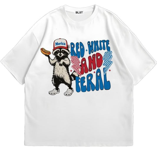 Red White And Feral T-Shirt Classic 90s Retro Trendy Graphic T-Shirt with Street Style