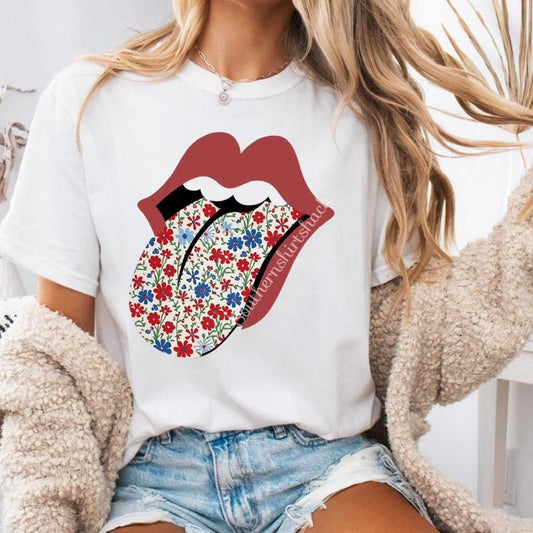 Red White Blue Floral Tongue t shirt  | white comfort colors t shirt | Patriotic Shirt