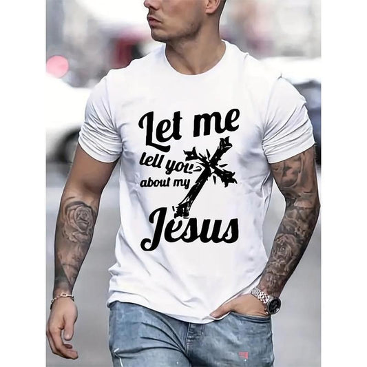 Religious Graphic Tee - Jesus Letter Printed, Casual Style, Slightly Elastic, Round Neck, Breathable, Comfortable, Summer and Autumn Wear, Men's Fashion T-Shirt Made in USA