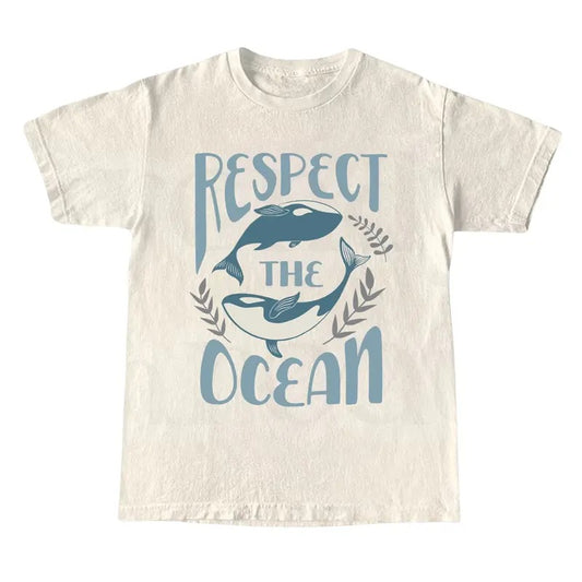 Respect The Ocean Shirt, 90s Tattoo Sea Animal T-Shirt, Retro Ocean Nature Shirt, Sealife, Orca Whales, Graphic Tees Top Womenwear