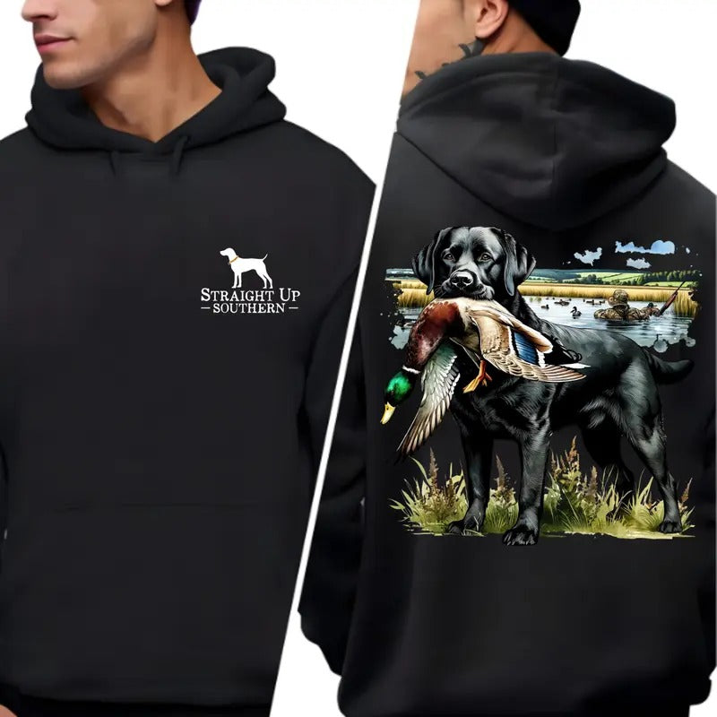 Retriever and Duck Straight Up Southern T-shirt Sweatshirt Hoodie - Classic Hunting Scene with Black Lab and Mallard, Ideal for Waterfowl Hunters and Outdoor Enthusiasts