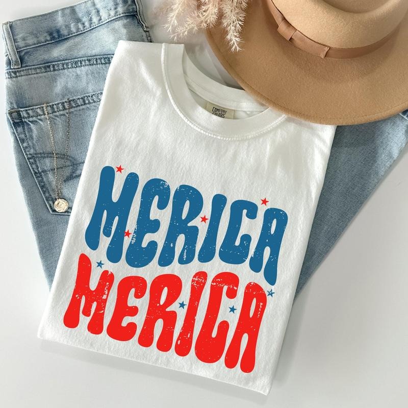 Retro 'Merica, America, Red White Blue, Patriotic, Tshirt, Women's Crew Neck, Crewneck