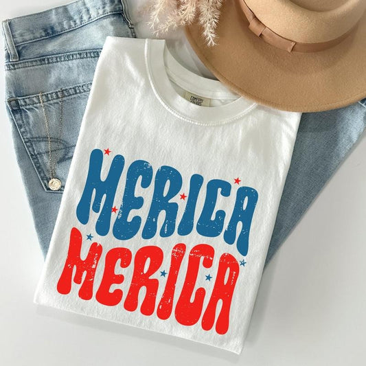 Retro 'Merica, America, Red White Blue, Patriotic, Tshirt, Women's Crew Neck, Crewneck