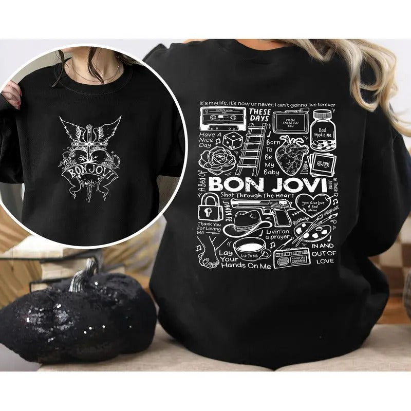 Retro 90s Rock Fan B0n J0v1 Doodle Art Shirt, Vintage B0n J0v1 Album Lyric Art Tattoo T-Shirt Tour 2024 Concert, Gift for Women, Rock Fan Merch