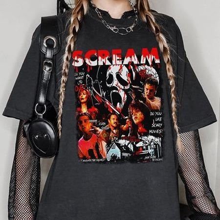 Retro 90s Scream Movie Shirt, Horrow Movie Fan T-shirt, Ghostface, Billy Loomis, Stu Macher, Sidney Prescott, Funny Halloween Shirt