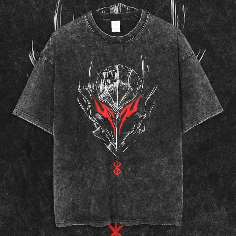 Retro Acid-Washed Unisex Anime T-Shirt, Grunge Streetwear Style Anime Shirt will Make You go berserk Classic Cotton