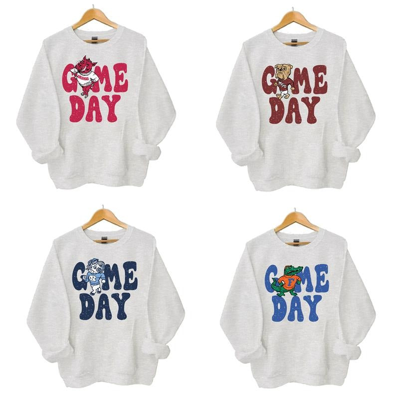 Retro All College Football Mascot Game Day Bundle Sweatshirt - Unisex Hoodies in White, Gray & Blue, Casual Long Sleeve, Classic Menswear Fabric