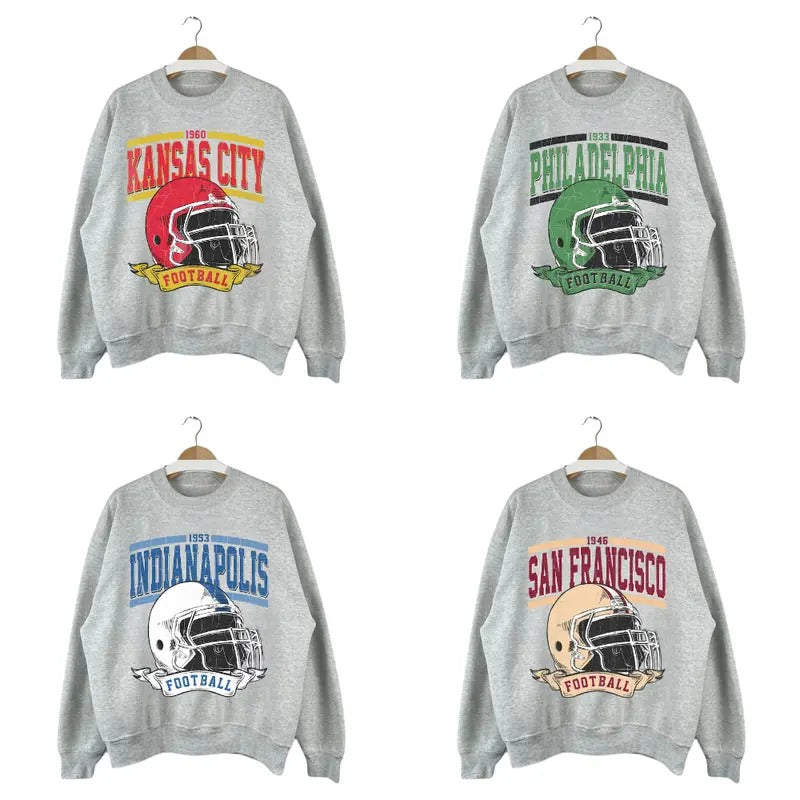 Retro All Team Football Sweatshirt, Game Day Apparel Football Fan Sport in Ash Grey
