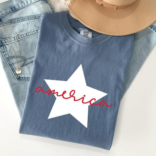 Retro America Star, Red White Blue, 4th of July Tshirt, Women's Crew Neck, Crewneck