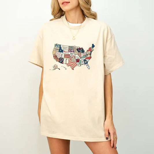 Retro America USA Map Unisex T-Shirt, America Shirt, Independence Day Gift, Red White and Blue Shirt, 4th of July Gift Shirt, Coquette Bow, Trendy Shirt, Gift For Her