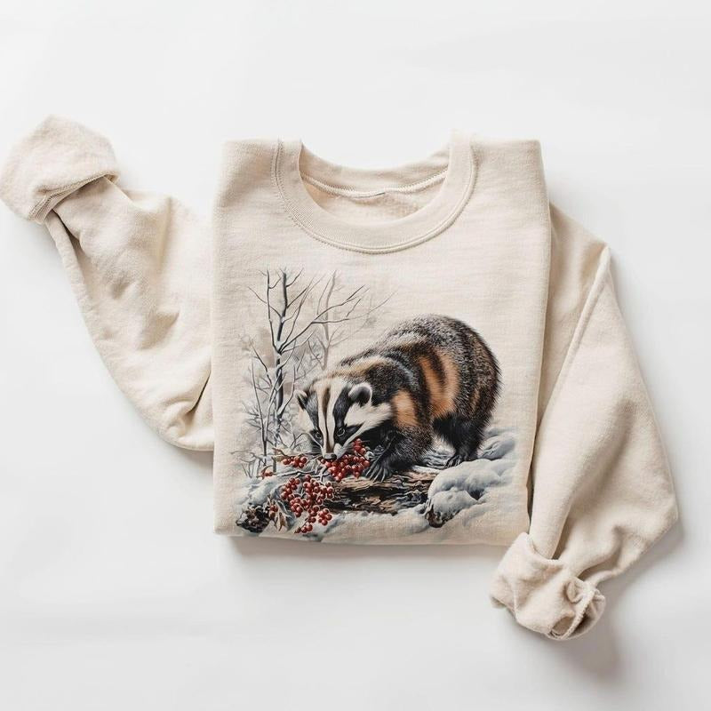 Retro American Badger Winter Scene Sweatshirt - Nineties 90s Vintage Badger Eating Red Berries Cotton Pullover