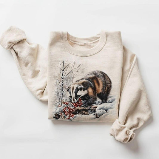 Retro American Badger Winter Scene Sweatshirt - Nineties 90s Vintage Badger Eating Red Berries Cotton Pullover