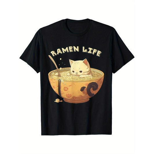 Retro Anime Ramen bowl Cute Cat Japanese aesthetics T-Shirt Selected pure cotton interesting design DIY short sleeve t-shirt for men, soft and breathable, suitable for all seasons, comfortable, casual and sports, Halloween and Christmas gifts  made in usa