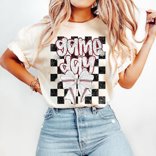 Retro Baseball Coquette T-Shirt, Game Day Baseball T-Shirt, Preppy Baseball T-Shirt, Baseball Mama T-Shirt, Baseball Mom T-Shirt, Checkered Baseball Bow T-Shirt, tshirt hot trend 2025