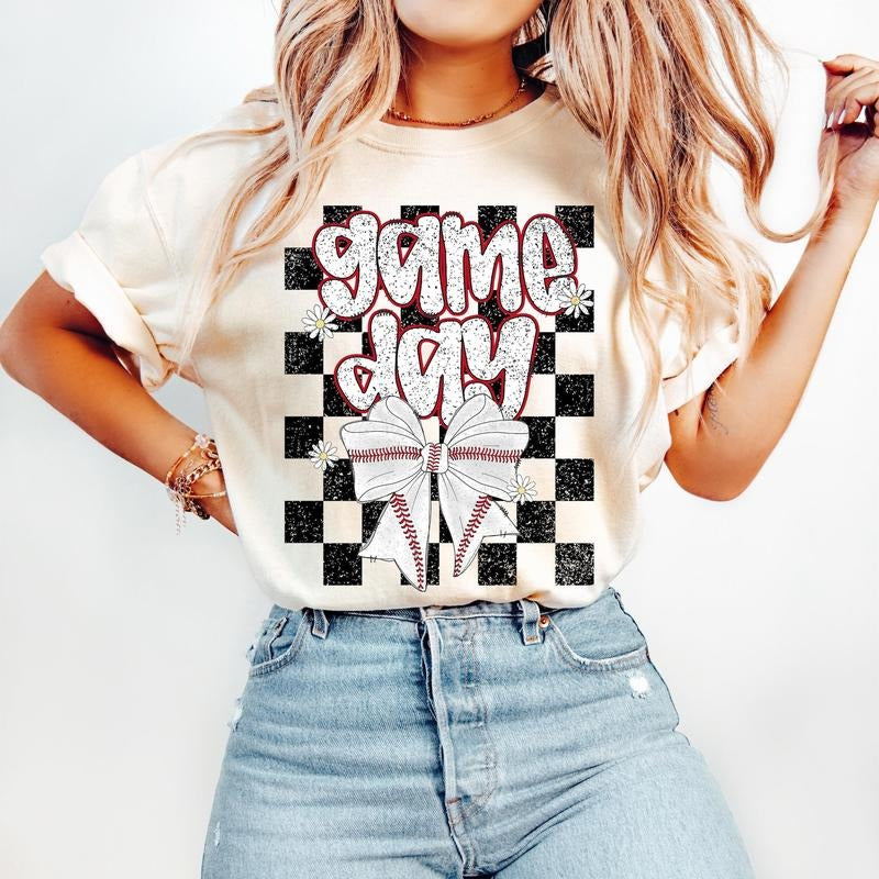 Retro Baseball Coquette T-Shirt, Game Day Baseball T-Shirt, Preppy Baseball T-Shirt, Baseball Mama T-Shirt, Baseball Mom T-Shirt, Checkered Baseball Bow T-Shirtstyle{n002}2