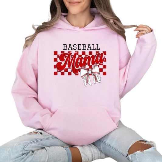 Retro Baseball Mama Shirt, Baseball Mama Hoodie, Retro Checkered Mama Tee, Baseball Coquette Bow Tshirt, Unisex Crewneck Pullover Tee, Casual Clothing