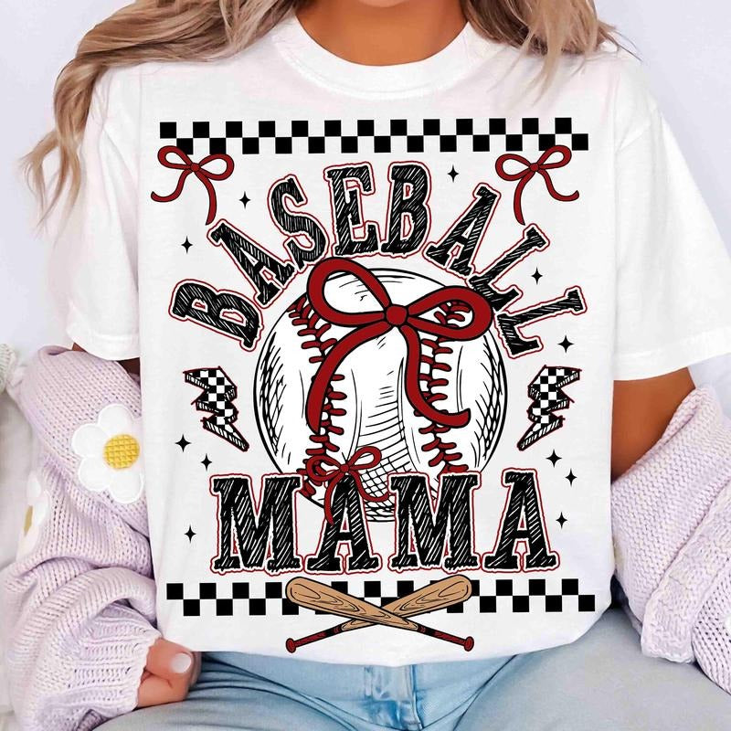 Retro Baseball Mama Shirt, Checkered Baseball Mom Tee, Baseball Coquette Bow Tshirt, Sport Mom Gift, Mothers Day Gift, Unisex Short Sleeve Tee, Casual Clothing