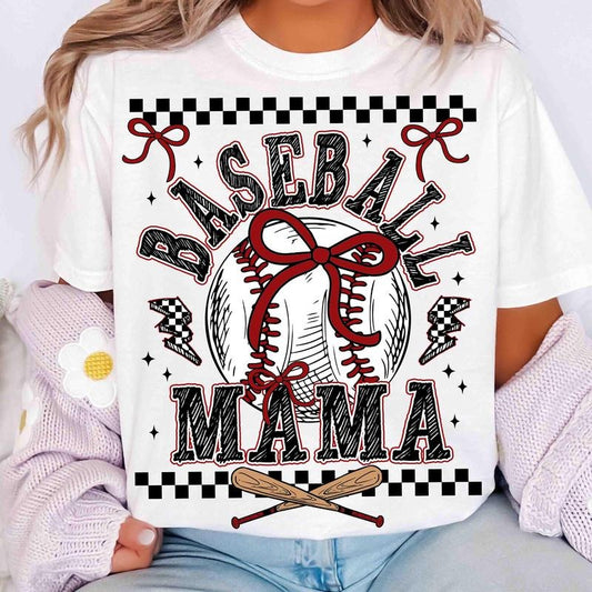 Retro Baseball Mama Shirt, Checkered Baseball Mom Tee, Baseball Coquette Bow Tshirt, Sport Mom Gift, Mothers Day Gift, Unisex Short Sleeve Tee, Casual Clothing