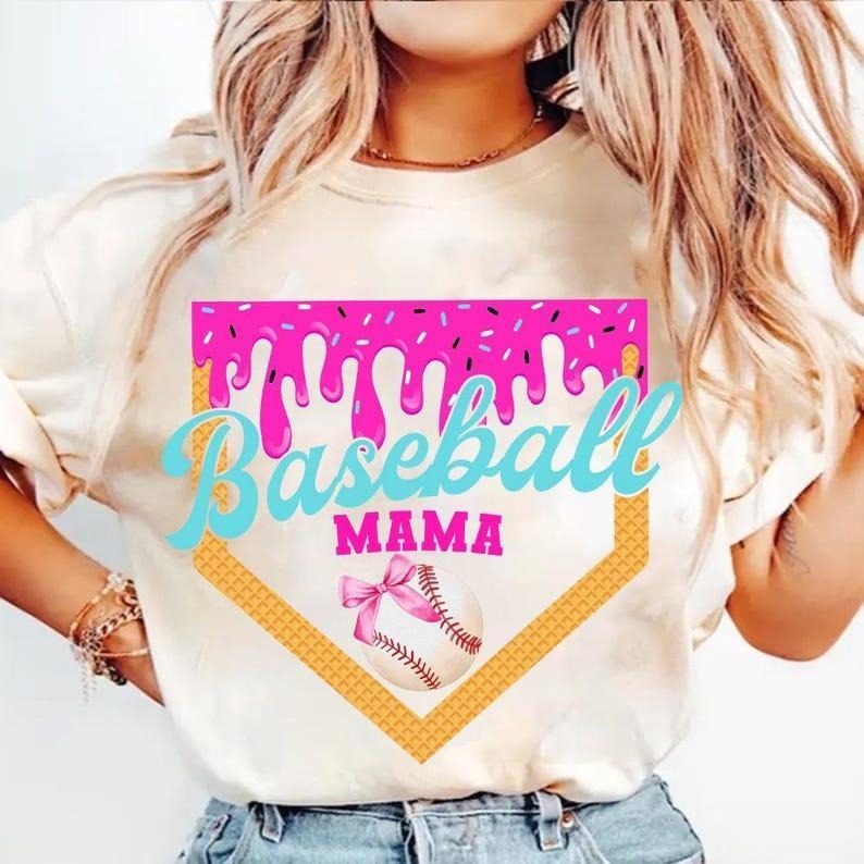 Retro Baseball Mom Shirt, Dripping Ice Cream Design, Fun Game Day Tee,   Womenswear Top shirts