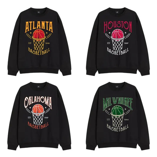 Retro Basketball Team Sweatshirt - Vintage Graphic Tee for Fans All Team - Milwaukee, Houston, Oklahoma, Atlanta