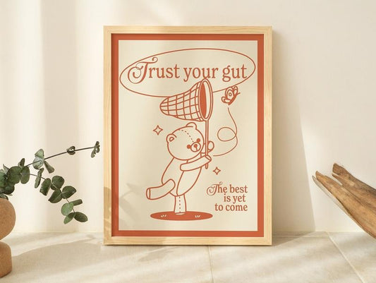 Retro Bear Print, Vintage Orange Illustration, Positivity Typography Prints, Trust Your Gut Wall Decor, Retro 80s Aesthetic, Poster Prints No Frame, Gifts For Women Wall Art, Wall Art Home Decor, Gifts For Birthday Christmas Xmas Artwork Landscape