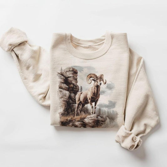 Retro Big Horn Sheep Cliff Scene Sweatshirt - 90s North American Animals Canyon Wilderness Scene - Boho Unisex Crewneck Sweatshirt Pullover Cotton Womenswear