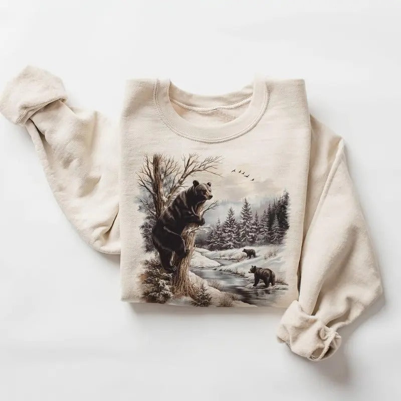 Retro Black Bears Winter River Scene Sweatshirt - Nineties 90s Vintage Bear Climbing Tree  Cotton Cotton Pullover Menswear Day