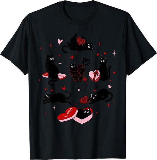 Retro Black Cat Playing Heart Valentines Day Cat Kitty Lover T-Shirt | Unisex cotton tee Gifts, Crewneck
