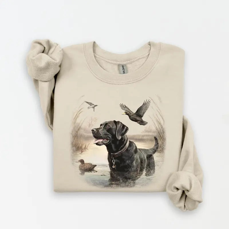 Retro Black Lab Mallard Ducks Sweatshirt, Nineties 90s Vintage Labrador Retriever Hunting, Duck Outfit, Boho Unisex Crewneck Sweatshirt