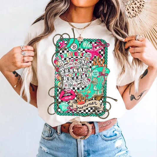 Retro Boho Checkered Salty Summer Bracelet Shirt, Coastal Cowgirl Western Beach Aesthetic Tee, Checkered Rodeo Turquoise Western Girly Summer Tee