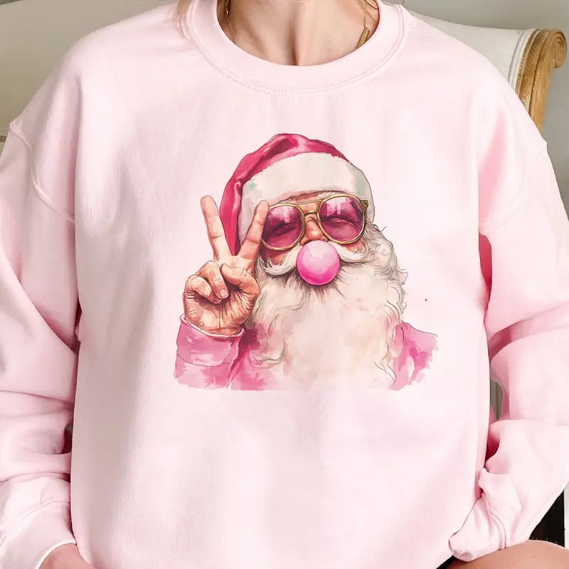 Retro Bubblegum Santa Peace Sweatshirt Christmas Santa Clause Bubblegum Blowing Pullover Santa Peace Sign Retro Christmas Santa Sweatshirt Womens Christmas Top