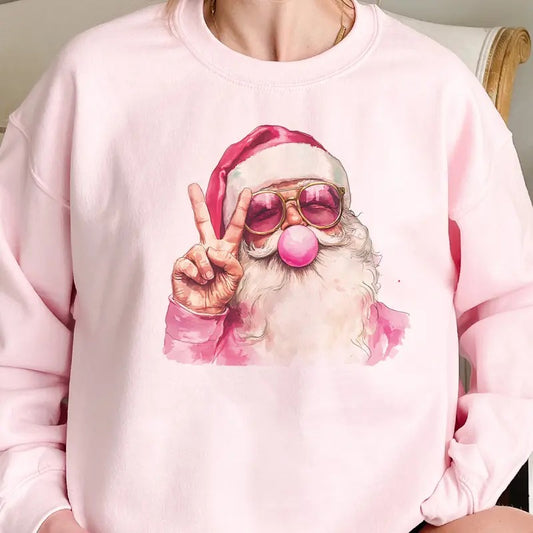 Retro Bubblegum Santa Peace Sweatshirt Christmas Santa Clause Bubblegum Blowing Pullover Santa Peace Sign Retro Christmas Santa Sweatshirt Womens Christmas Top