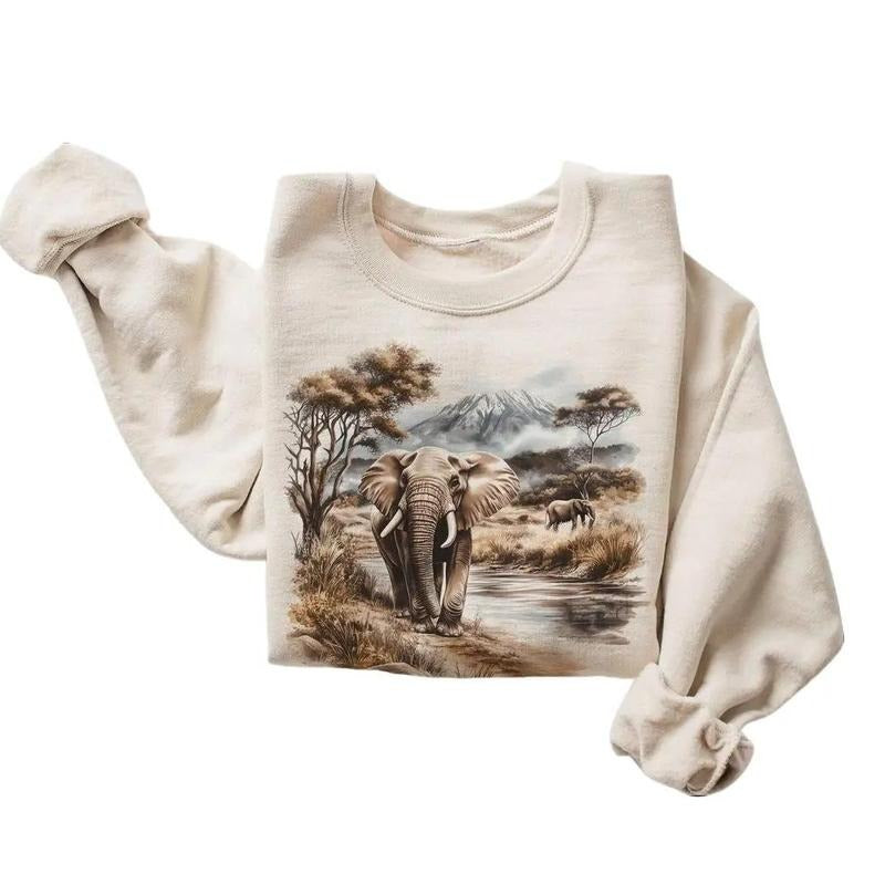 Retro Bull Elephant African Safari Scene Sweatshirt - 90s Vintage Bush Elephants Wildlife Watching Cotton Pullover Menswear Day