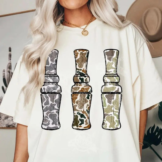 Retro Camo Duck Calls Unisex Tee, Duck Camo Hunting Shirt, Duck Hunt Design, Casual Wear Crewneck Top