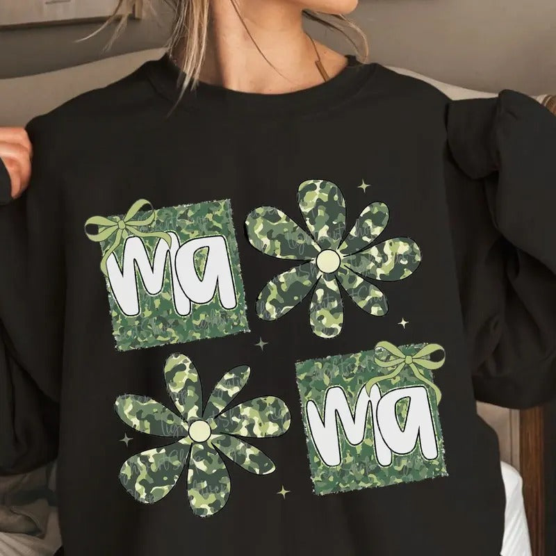 Retro Camo Mama Coquette Bow Crewneck Shirt, Retro Mama Flower Tee, Hunting Mama, Camo Flower, Mothers Day Gift