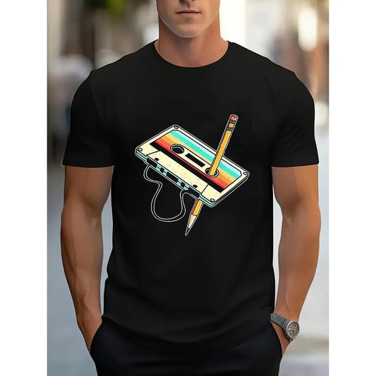 Retro Cassette Tape Pencil T-Shirt - 1980s Nostalgic Music Tee for Summer, Spring and Autumn Wear with 80s Retro Style made in usa