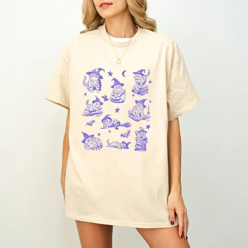 Retro Cat Halloween Shirt, 90s Cat Witch Vintage Tee, Funny Witch Cat T-Shirt, Halloween Cat Lovers Gift