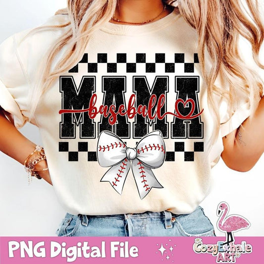 Retro Checkered Baseball Mama T-Shirt, Coquette Game Day Baseball Mom T-Shirt, Trendy Baseball Original Art for Baseball Lovers