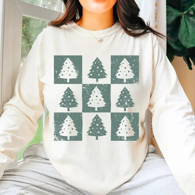 Retro Checkered Christmas Trees, Distressed Christmas, Holiday Checkered Xmas Shirt, Christmas Gift