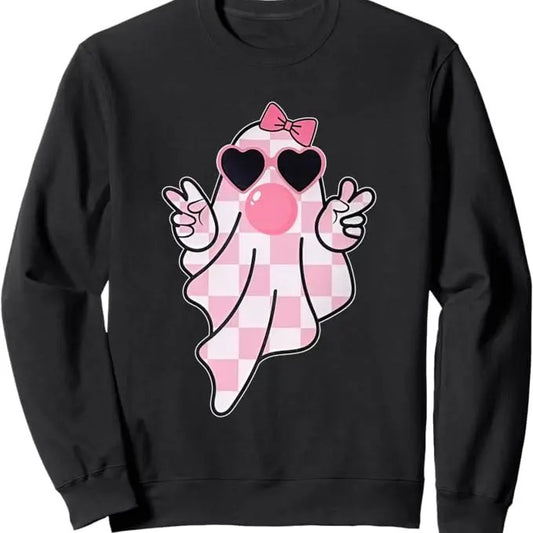 Retro Checkered Cute Pink Ghost Blowing Bubble Gum Halloween Sweatshirt, Cute Girly Ghost Blowing Bubble Shirt, Cute Ghost Shirt, Retro Checkered Ghost bow Shirt, Cute Pink Ghost T-Shirt,On Wednesday We Wear Pink