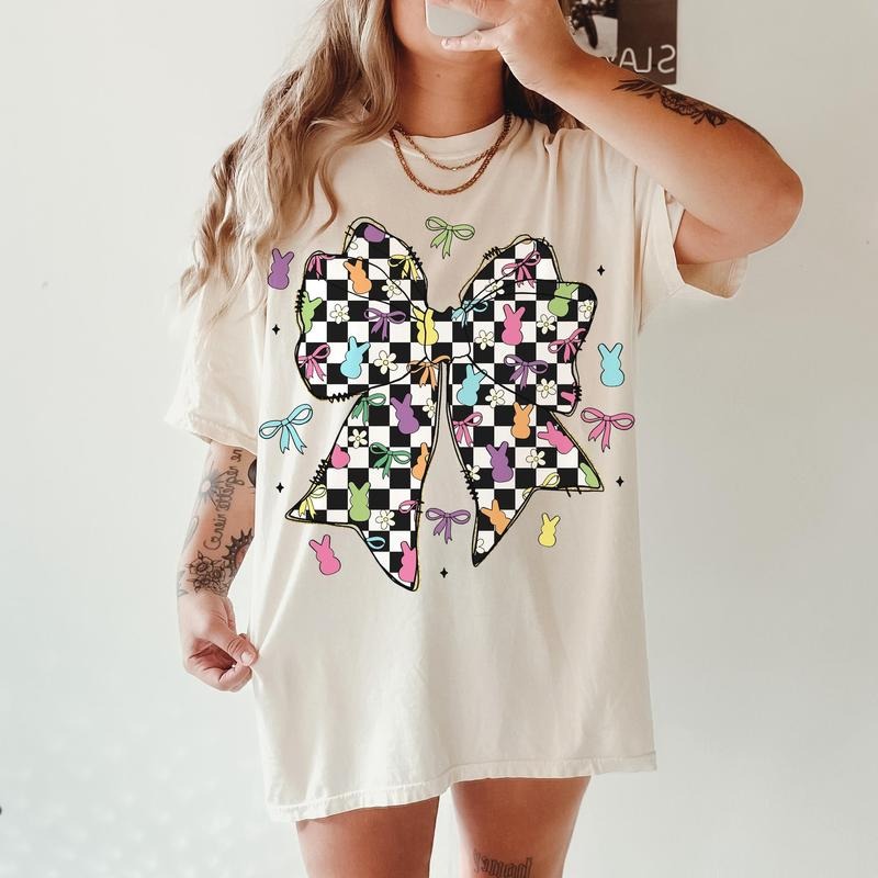 Retro Checkered Easter Coquette Bow T-Shirt, Easter T-Shirt, Easter Bow T-Shirt, Easter Bunny T-Shirt, Spring T-Shirt, Preppy Easter T-Shirt