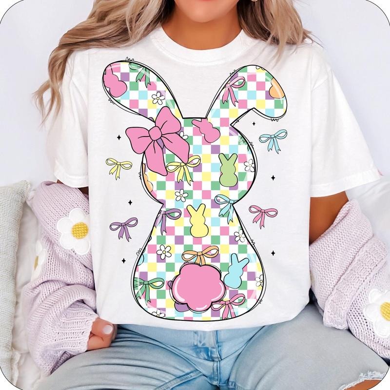 Retro Checkered Easter Coquette Bow T-Shirt, Easter T-Shirt, Easter Bunny T-Shirt, Easter shirt design, Bunny T-Shirt, Preppy Easter T-Shirt