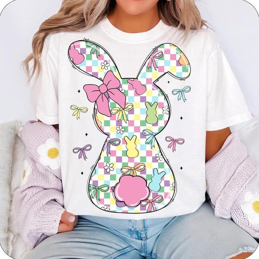 Retro Checkered Easter Coquette Bow T-Shirt, Easter T-Shirt, Easter Bunny T-Shirt, Easter shirt design, Bunny T-Shirt, Preppy Easter T-Shirt