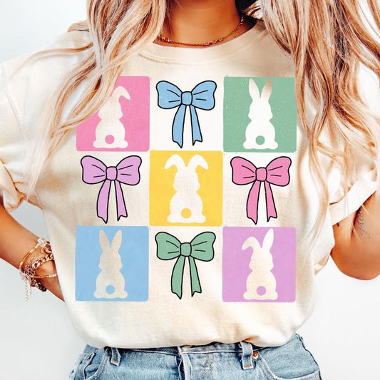 Retro Checkered Easter Coquette T-Shirt, Easter Bunny T-Shirt, Coquette Easter T-Shirt, Girls Easter T-Shirt, Christian Easter, Happy Easter T-Shirt