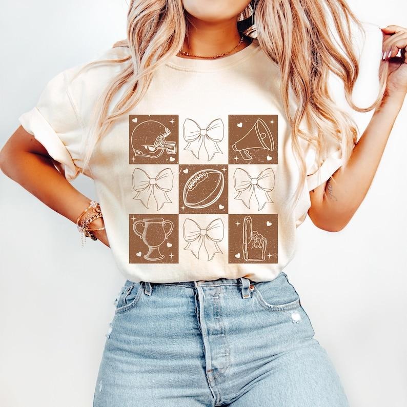 Retro Checkered Football Coquette, Game Day Football, Football Mom, Mama Bow Tshirt