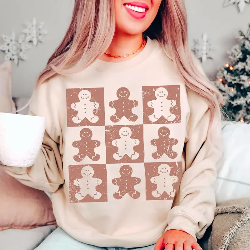 Retro Checkered Gingerbread Man Sweatshirt, Trendy Distressed Christmas Shirt, Gingerbread Christmas Sweatshirt, Cute Holiday Shirt, Checkered Gingerbread Sweatshirt, Cute Checkered Xmas Shirt