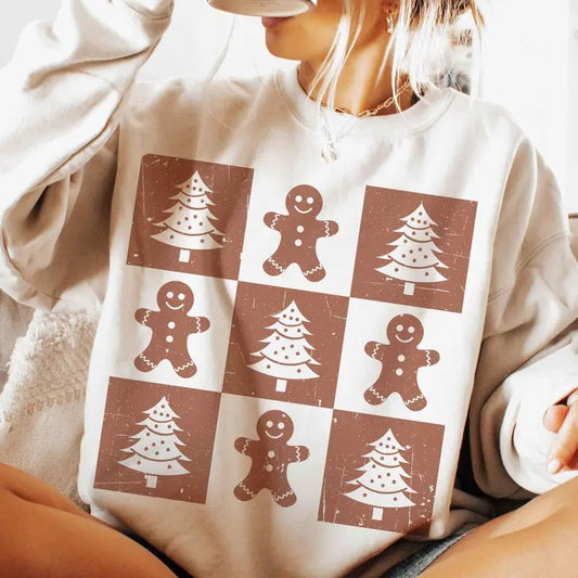 Retro Checkered Gingerbread Man Tshirt Sweatshirt, Cute Checkered Xmas, Tree Cake Shirt, Holiday Season , Unisex Sweater Pullover Tee