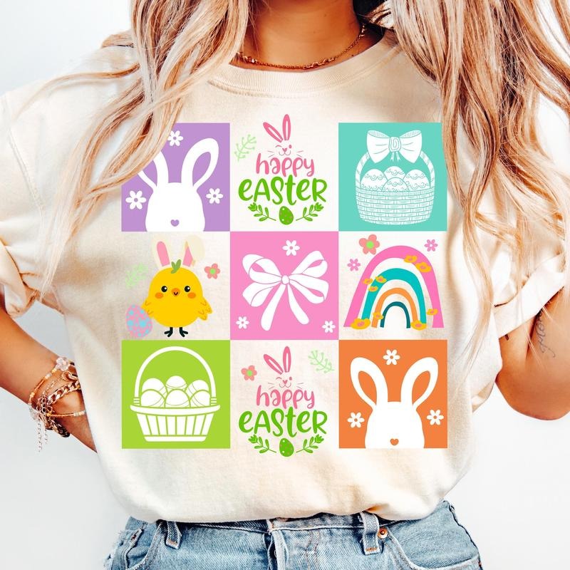 Retro Checkered Happy Easter T-Shirt, Happy Easter T-Shirt, Pastel Easter Bunny Coquette T-Shirt, Boho Easter T-Shirt, Easter Egg T-Shirt