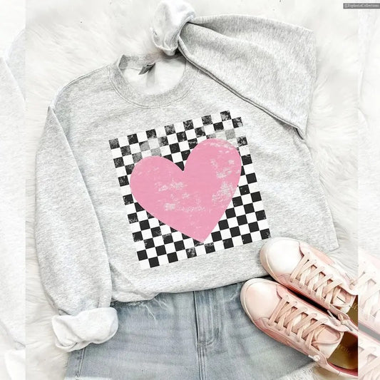 Retro Checkered Heart Sweatshirt Hoodie T-Shirt, Cute Teacher Valentine Love Tee, Women's Valentines Day, Trendy VLT Gift , Global Trending Outfits